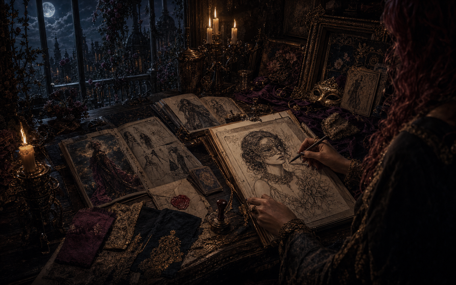 A candlelit fantasy atelier filled with character sketches and works in progress