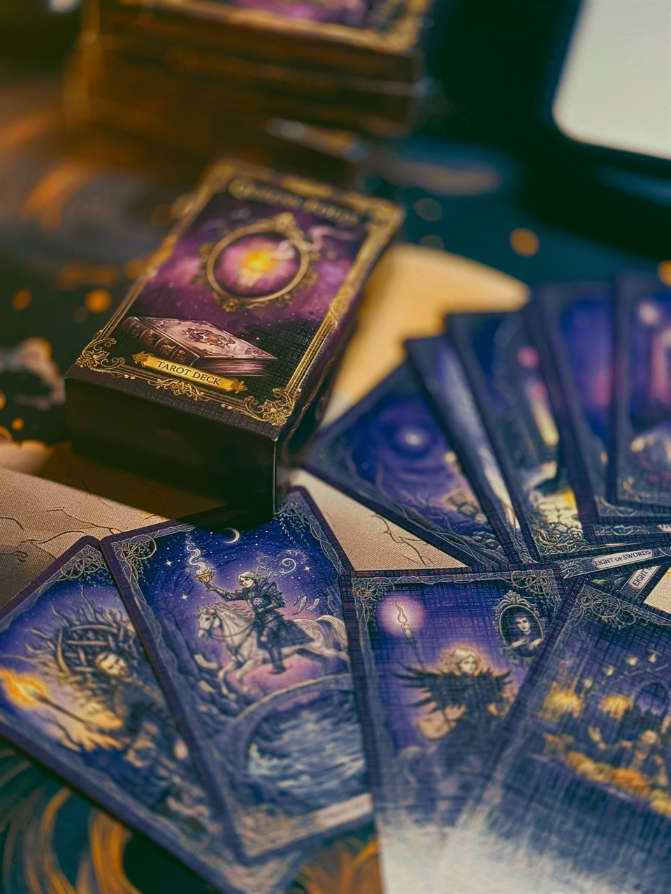 Queen's Folly Tarot box and illustrated cards photographed together